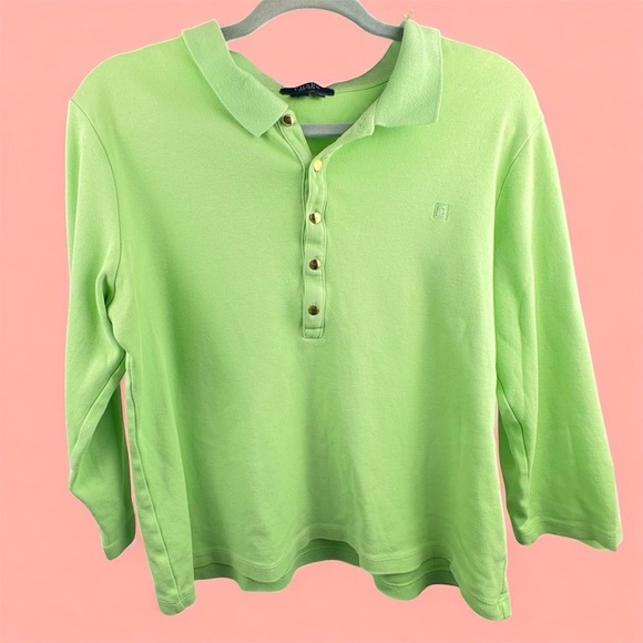 VTG Chaps Lime Green Polo Shirt Gold Snaps Quarter Sleeve Y2K 90s 100% Cotton XL - Picture 3 of 9